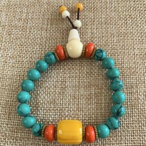 Turquoise Coral Honey Wax Bead Boho Stretch Bracelet